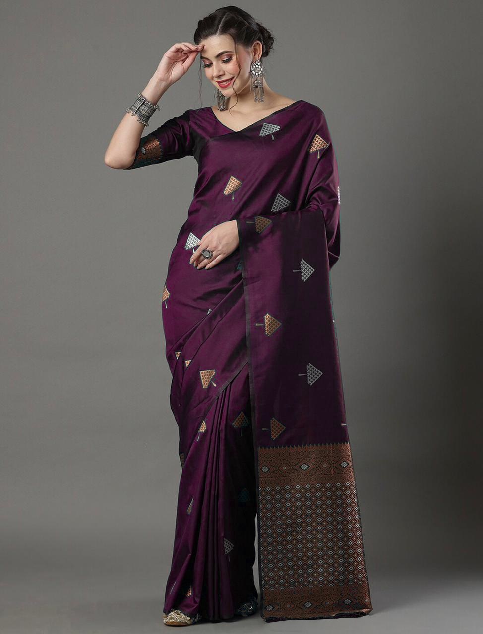 Banarasi Soft Silk Wine Saree with Exquisite Copper & Silver Zari Weaving Colorful Saree