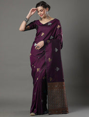 Banarasi Soft Silk Wine Saree with Exquisite Copper & Silver Zari Weaving Colorful Saree