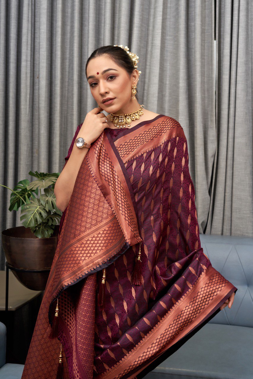 Banarasi Soft Silk Wine Saree with Exquisite Copper Zari Weaving Colorful Saree