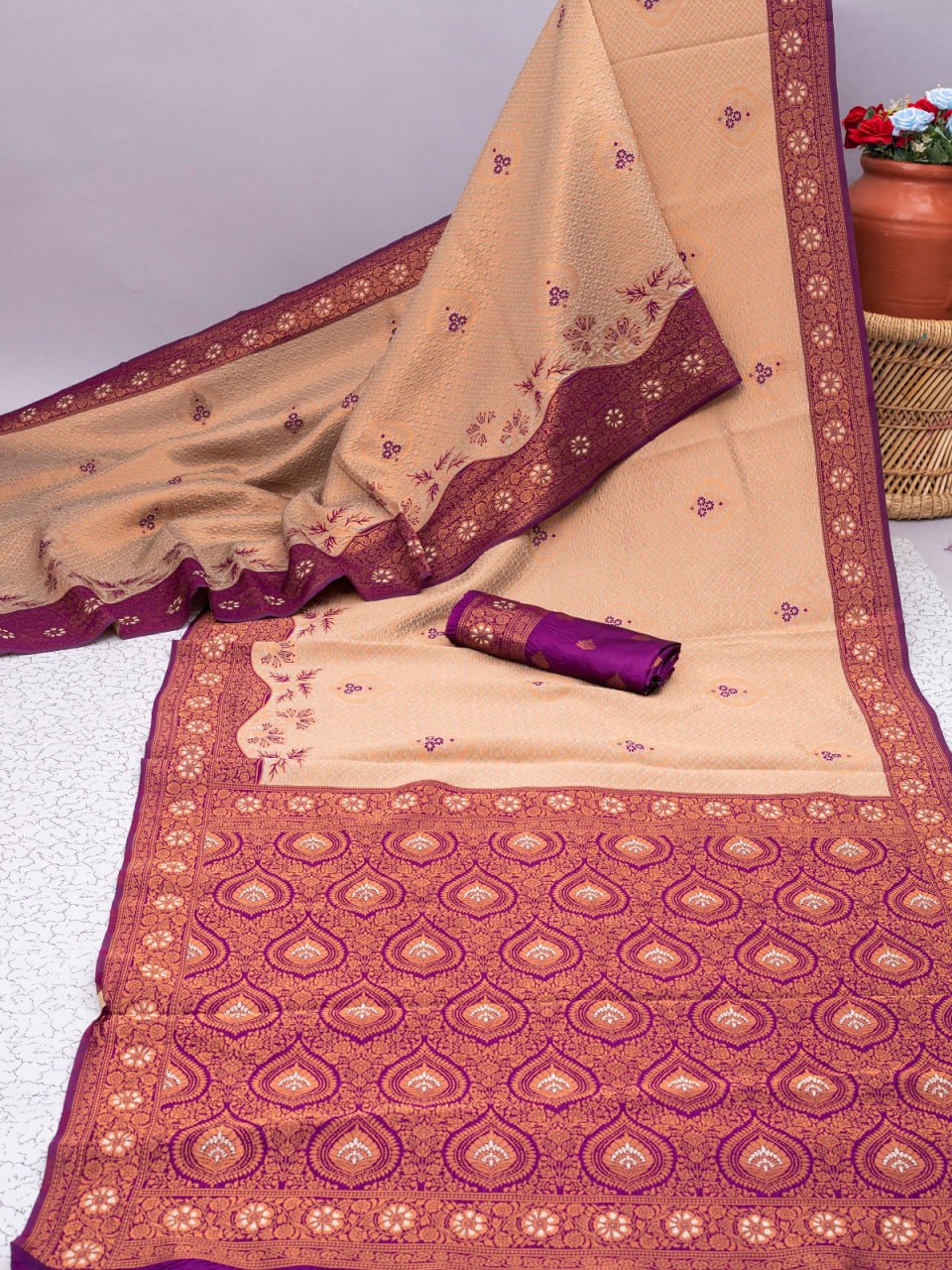 Beige Banarasi Soft Silk Saree with Exquisite Copper Zari Weaving Colorful Saree