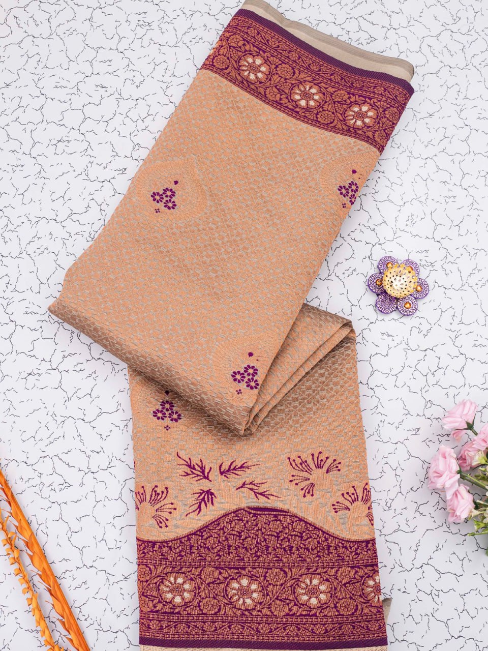 Beige Banarasi Soft Silk Saree with Exquisite Copper Zari Weaving Colorful Saree