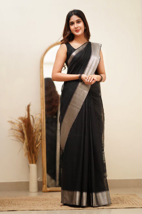 Black Banarasi Soft Silk Saree with Matching Blouse Piece Colorful Saree