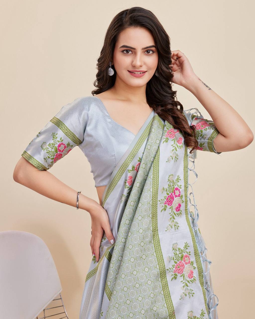 Captivating Designer Grey Saree in Premium Cotton Banarasi Silk with Jacquard Work & Tussles - Colorful Saree