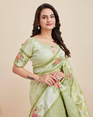 Captivating Designer Pista Green Saree in Premium Cotton Banarasi Silk with Jacquard Work & Tussles - Colorful Saree
