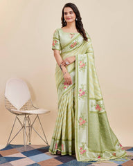 Captivating Designer Pista Green Saree in Premium Cotton Banarasi Silk with Jacquard Work & Tussles - Colorful Saree
