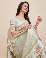 Captivating Designer White Saree in Premium Cotton Banarasi Silk with Jacquard Work & Tussles - Colorful Saree