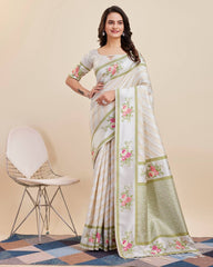 Captivating Designer White Saree in Premium Cotton Banarasi Silk with Jacquard Work & Tussles - Colorful Saree