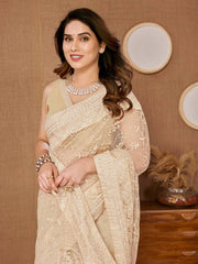 Chikankari Embroidered Heavy Soft Net Beige Color Saree with Mono Banglory Blouse Piece Colorful Saree