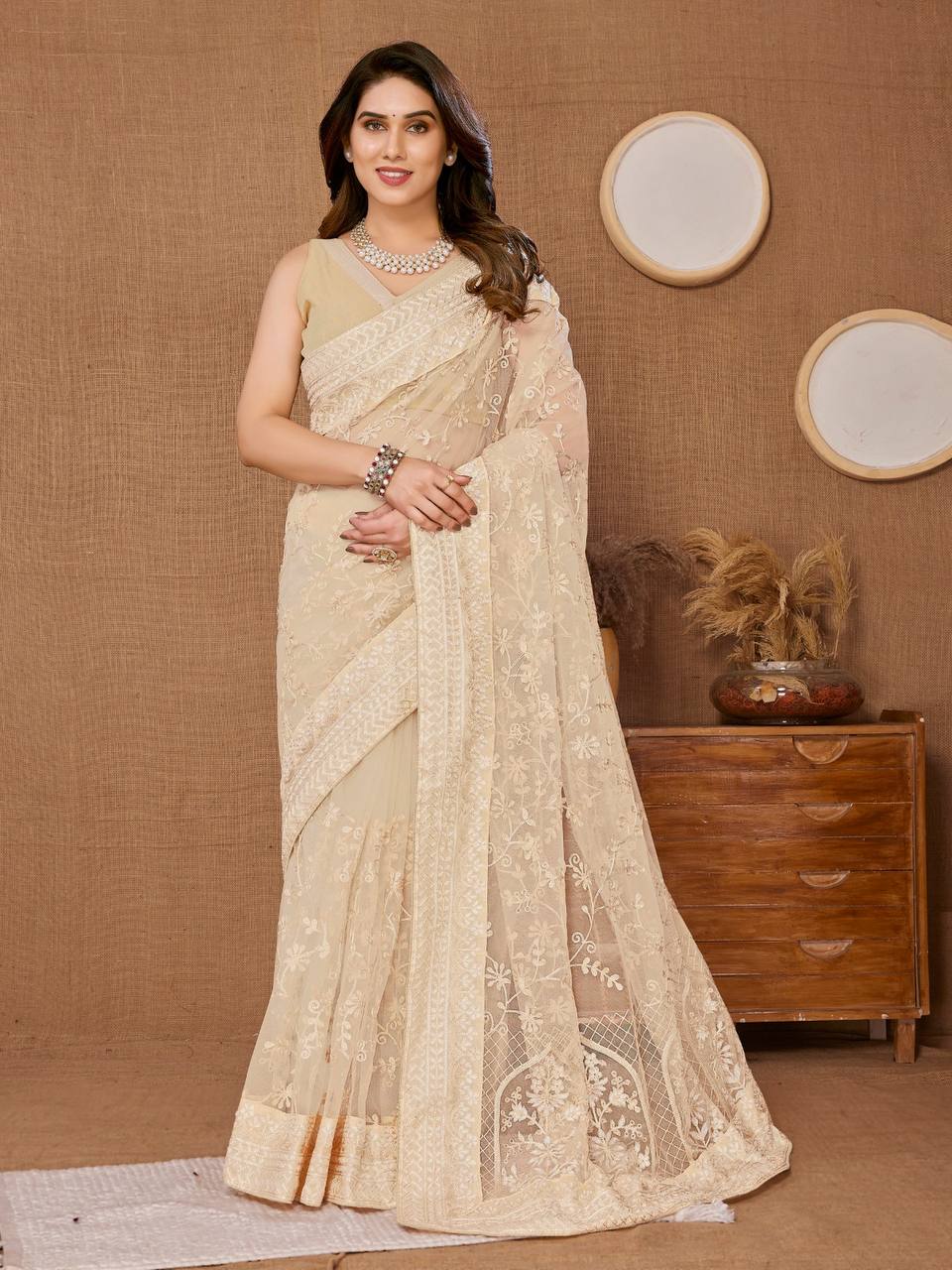 Chikankari Embroidered Heavy Soft Net Beige Color Saree with Mono Banglory Blouse Piece Colorful Saree