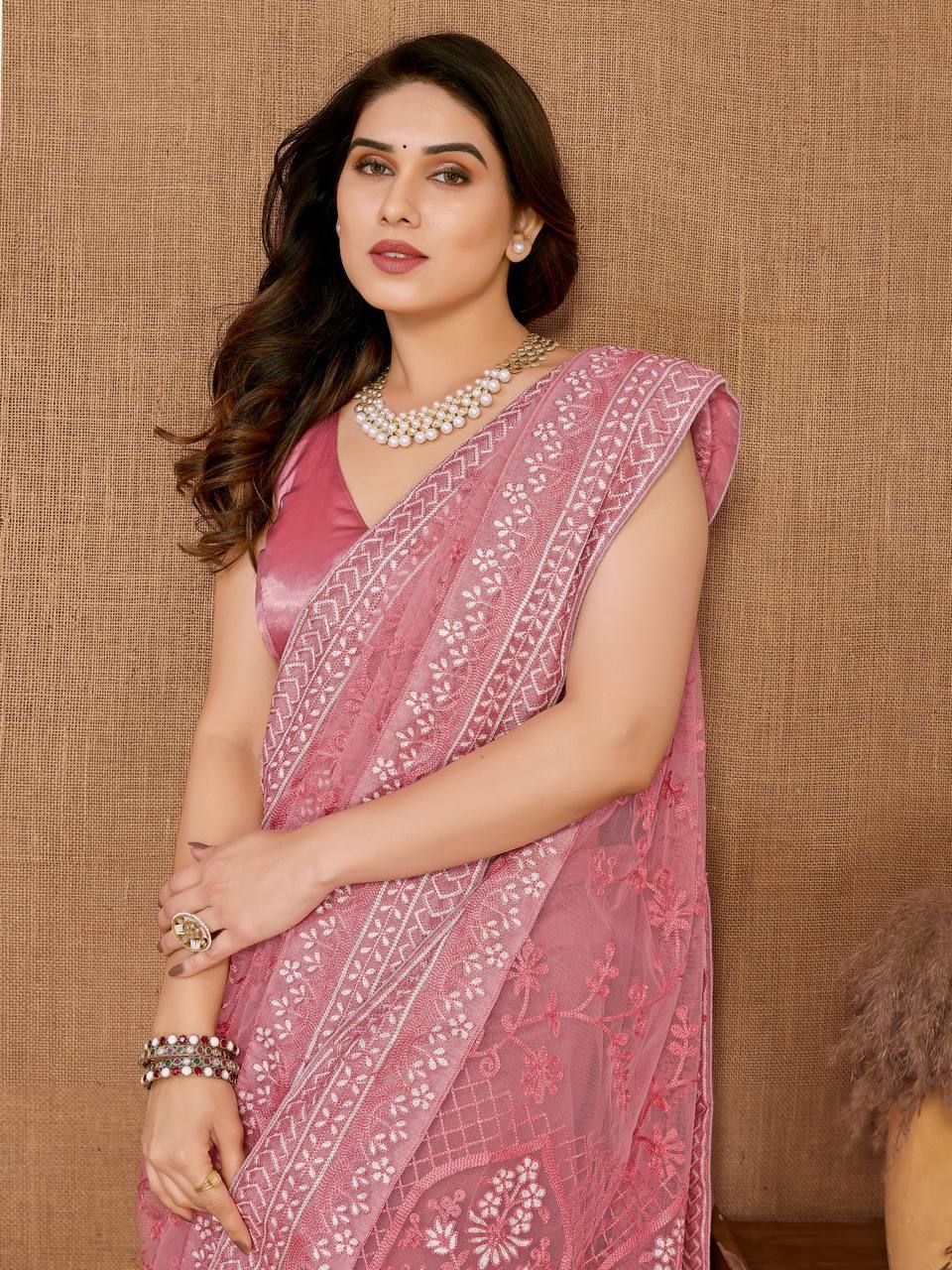 Chikankari Embroidered Heavy Soft Net Pink Saree with Mono Banglory Blouse Piece Colorful Saree