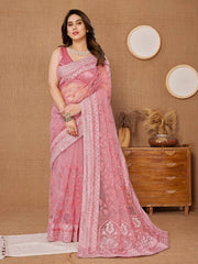 Chikankari Embroidered Heavy Soft Net Pink Saree with Mono Banglory Blouse Piece Colorful Saree