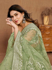 Chikankari Embroidered Heavy Soft Net Pista Green  Saree with Mono Banglory Blouse Piece Colorful Saree