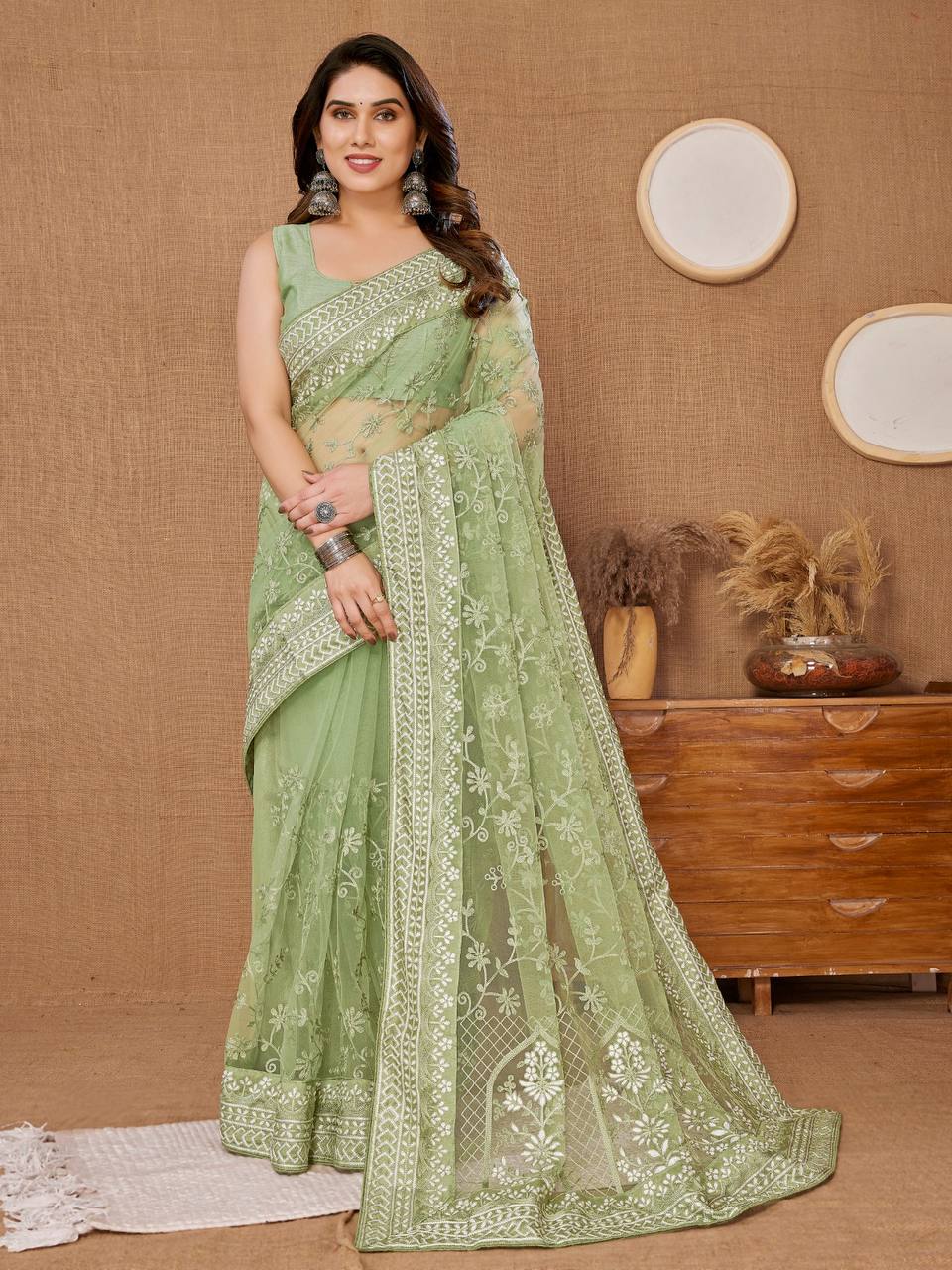 Chikankari Embroidered Heavy Soft Net Pista Green  Saree with Mono Banglory Blouse Piece Colorful Saree