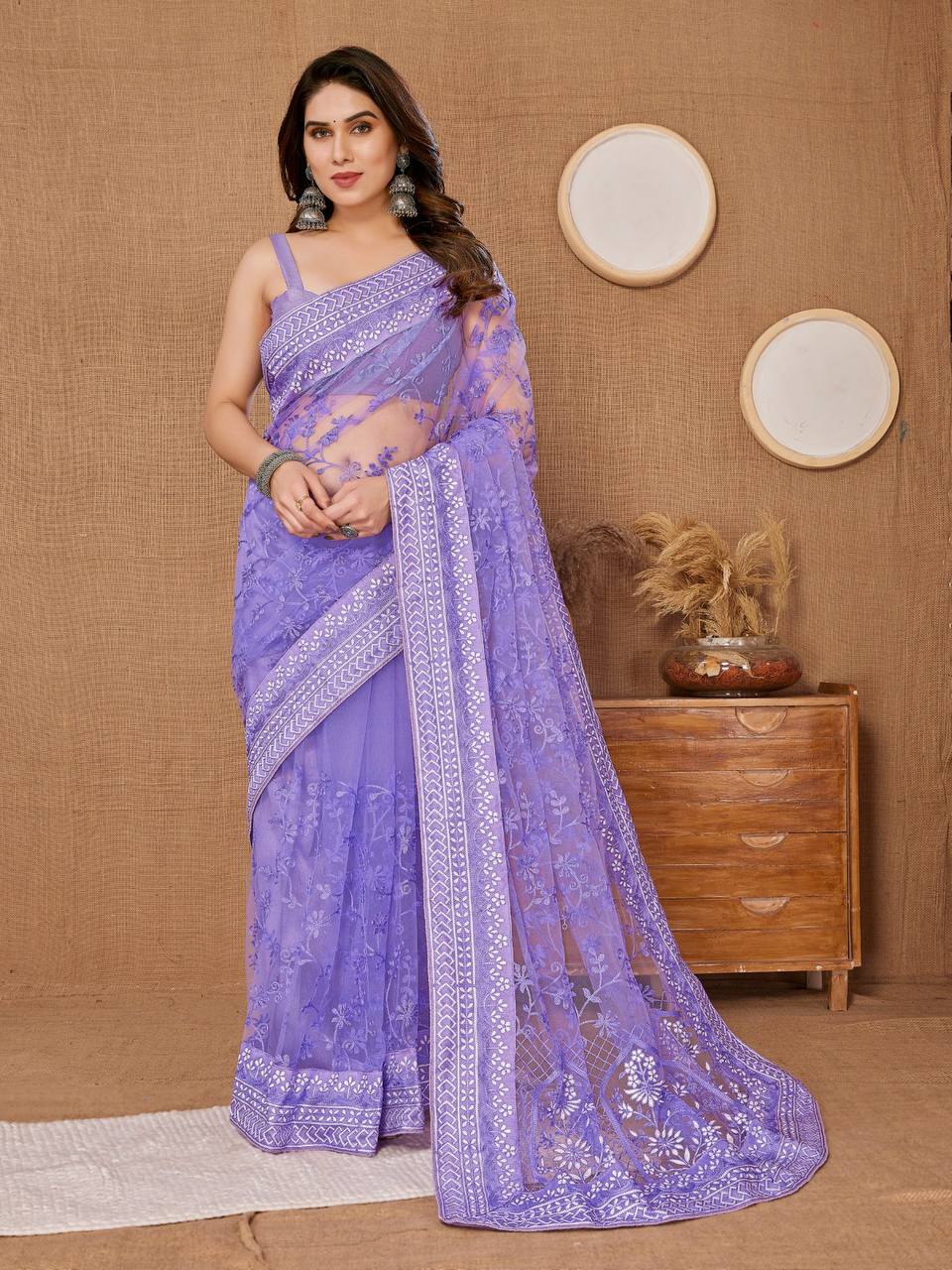 Chikankari Embroidered Heavy Soft Net Purple Saree with Mono Banglory Blouse Piece Colorful Saree