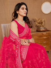 Chikankari Embroidered Heavy Soft Net Red Saree with Mono Banglory Blouse Piece Colorful Saree