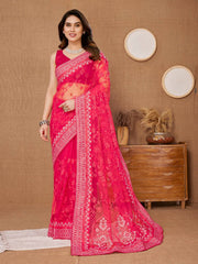 Chikankari Embroidered Heavy Soft Net Red Saree with Mono Banglory Blouse Piece Colorful Saree