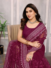 Chikankari Embroidered Heavy Soft Net Wine Saree with Mono Banglory Blouse Piece Colorful Saree