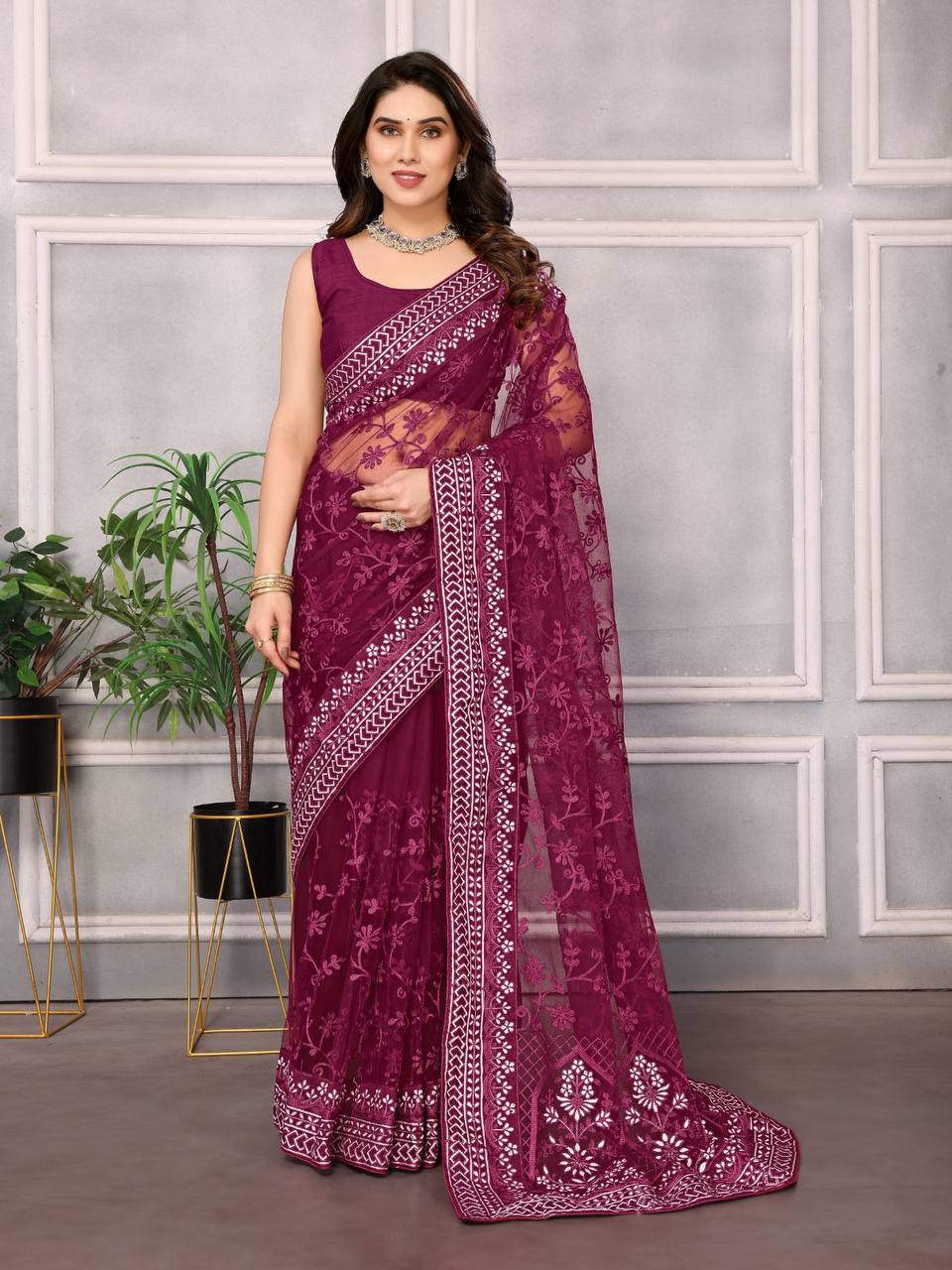 Chikankari Embroidered Heavy Soft Net Wine Saree with Mono Banglory Blouse Piece Colorful Saree