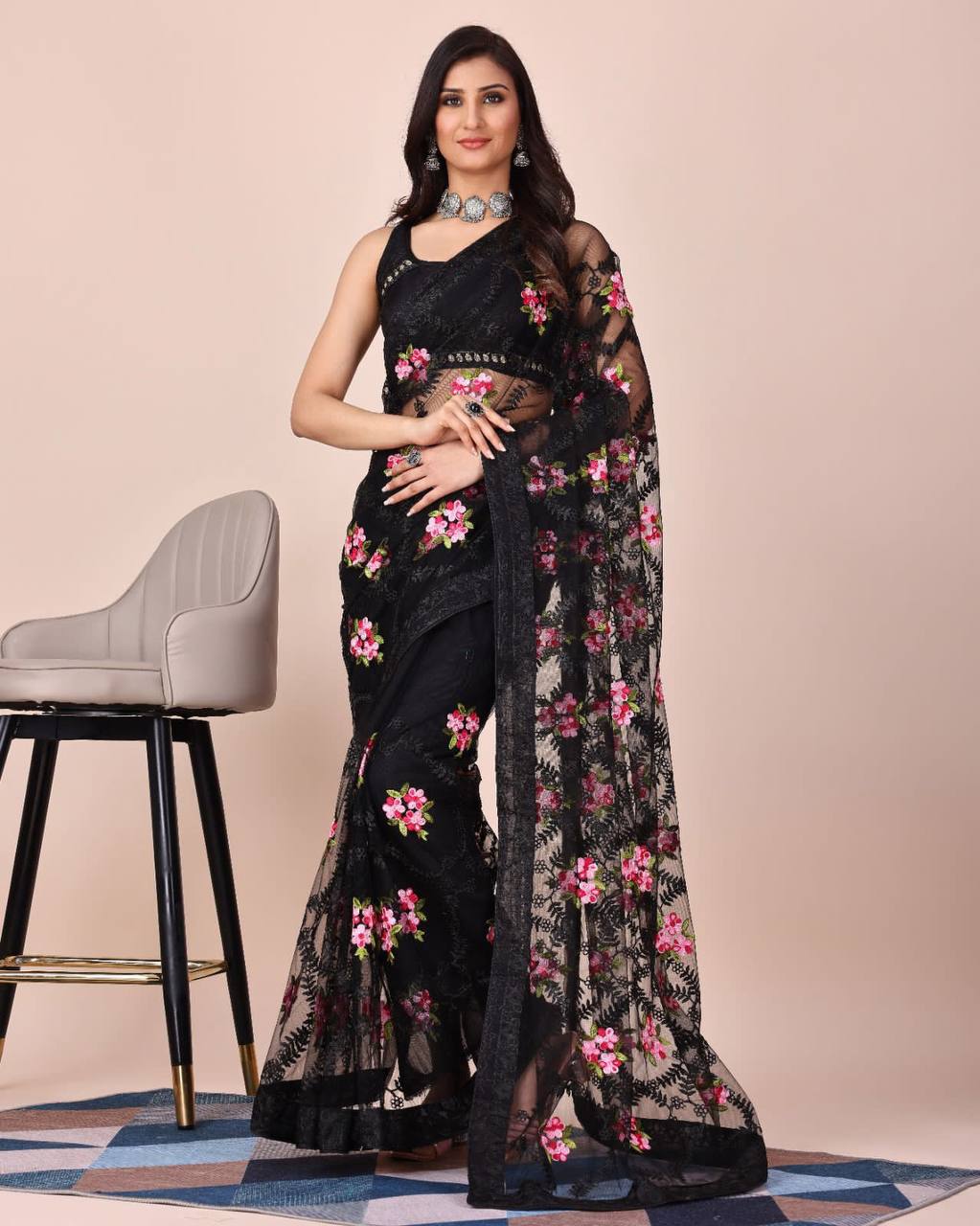 Chikankari Embroidered Soft Net Black Saree with Mono Banglory Blouse Colorful Saree