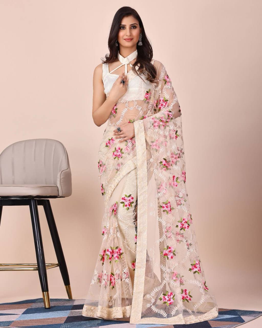 Chikankari Embroidered Soft Net Cream Saree with Mono Banglory Blouse Colorful Saree