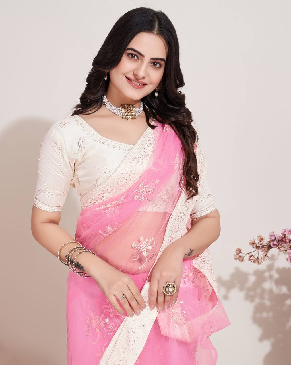 Chikankari Embroidered Soft Net Pink Saree with Mono Banglory Blouse Colorful Saree