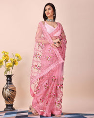 Chikankari Embroidered Soft Net Pink Saree with Mono Banglory Blouse Colorful Saree