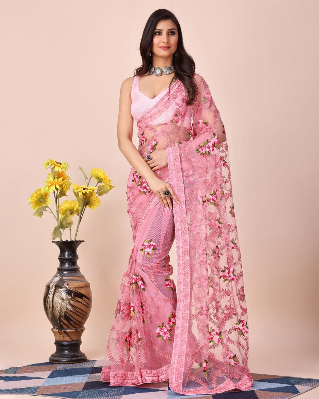 Chikankari Embroidered Soft Net Pink Saree with Mono Banglory Blouse Colorful Saree