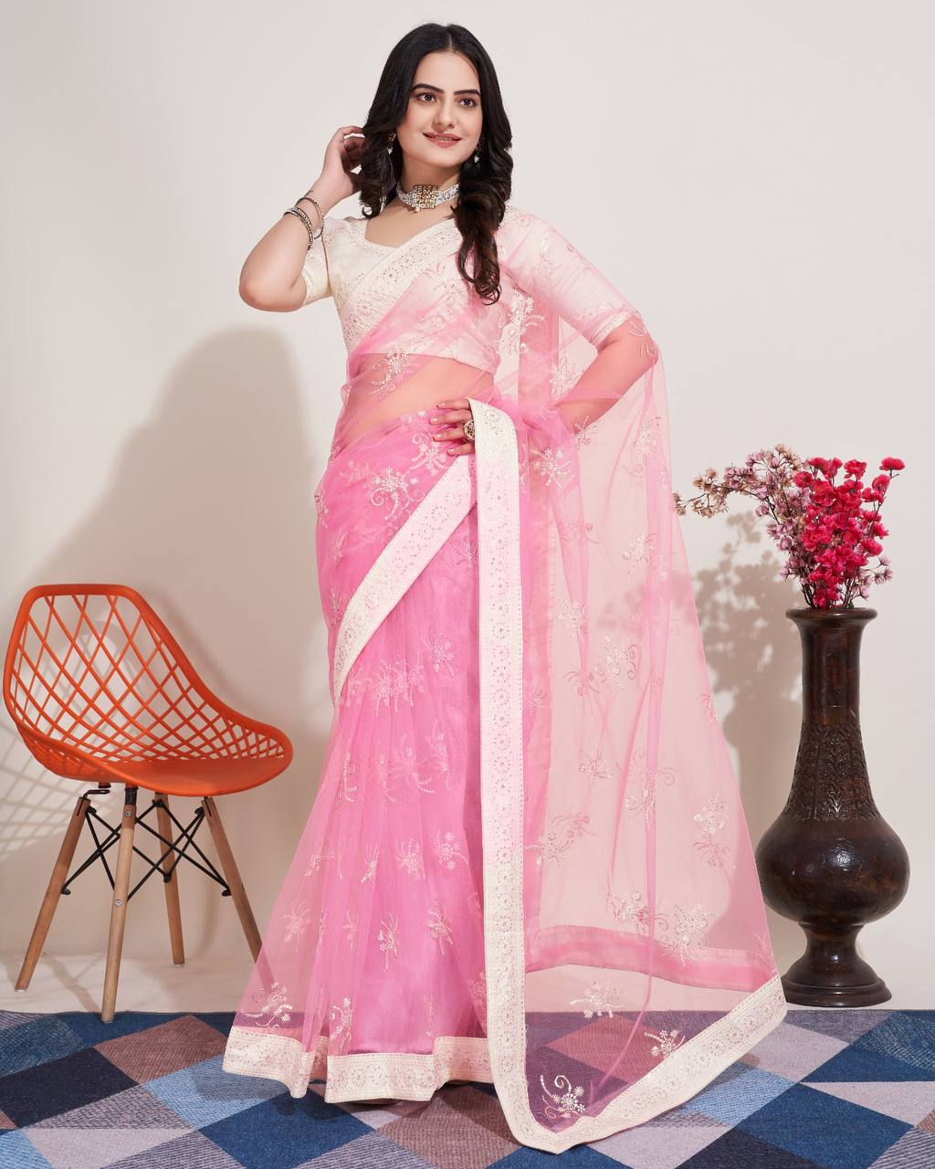 Chikankari Embroidered Soft Net Pink Saree with Mono Banglory Blouse Colorful Saree