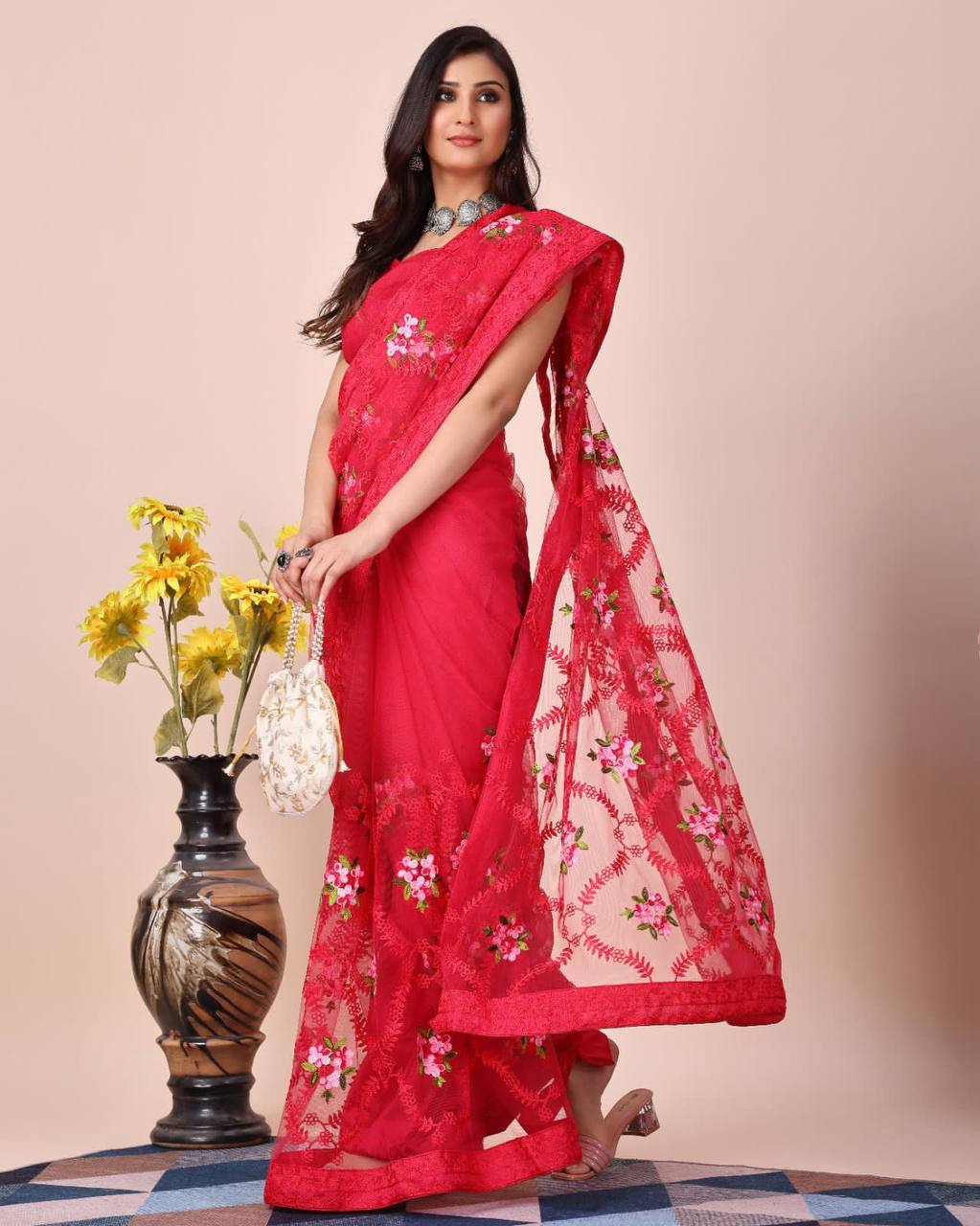 Chikankari Embroidered Soft Net Red Saree with Mono Banglory Blouse Colorful Saree