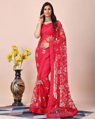 Chikankari Embroidered Soft Net Red Saree with Mono Banglory Blouse Colorful Saree