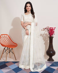 Chikankari Embroidered Soft Net White Saree with Mono Banglory Blouse Colorful Saree