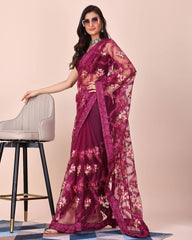 Chikankari Embroidered Soft Net Wine Saree with Mono Banglory Blouse Colorful Saree