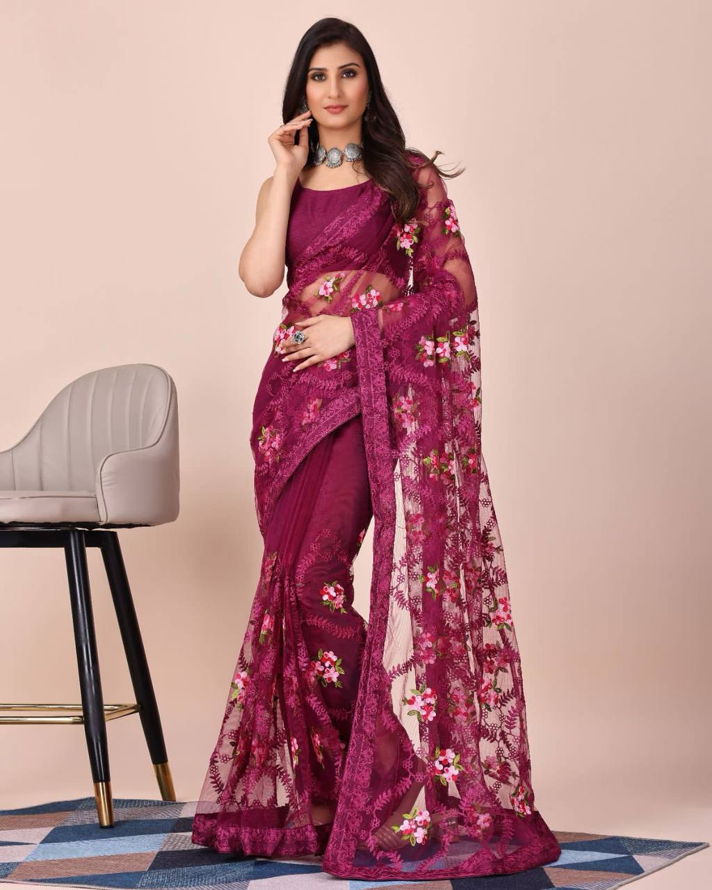 Chikankari Embroidered Soft Net Wine Saree with Mono Banglory Blouse Colorful Saree