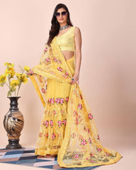 Chikankari Embroidered Soft Net Yellow Saree with Mono Banglory Blouse Colorful Saree