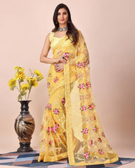 Chikankari Embroidered Soft Net Yellow Saree with Mono Banglory Blouse Colorful Saree