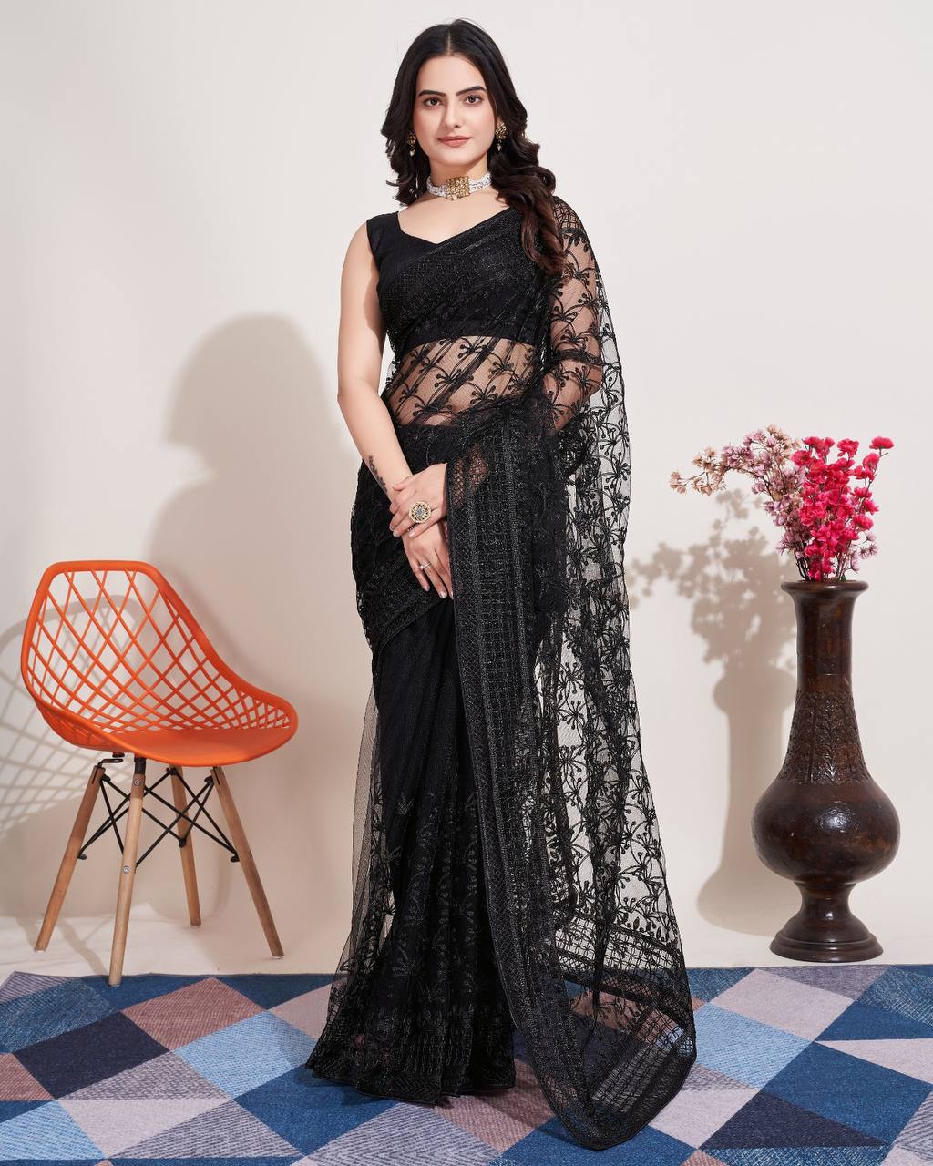 Chikankari Embroidery Soft Net Black Saree with Mono Banglory Blouse Piece and Piping Lace Colorful Saree