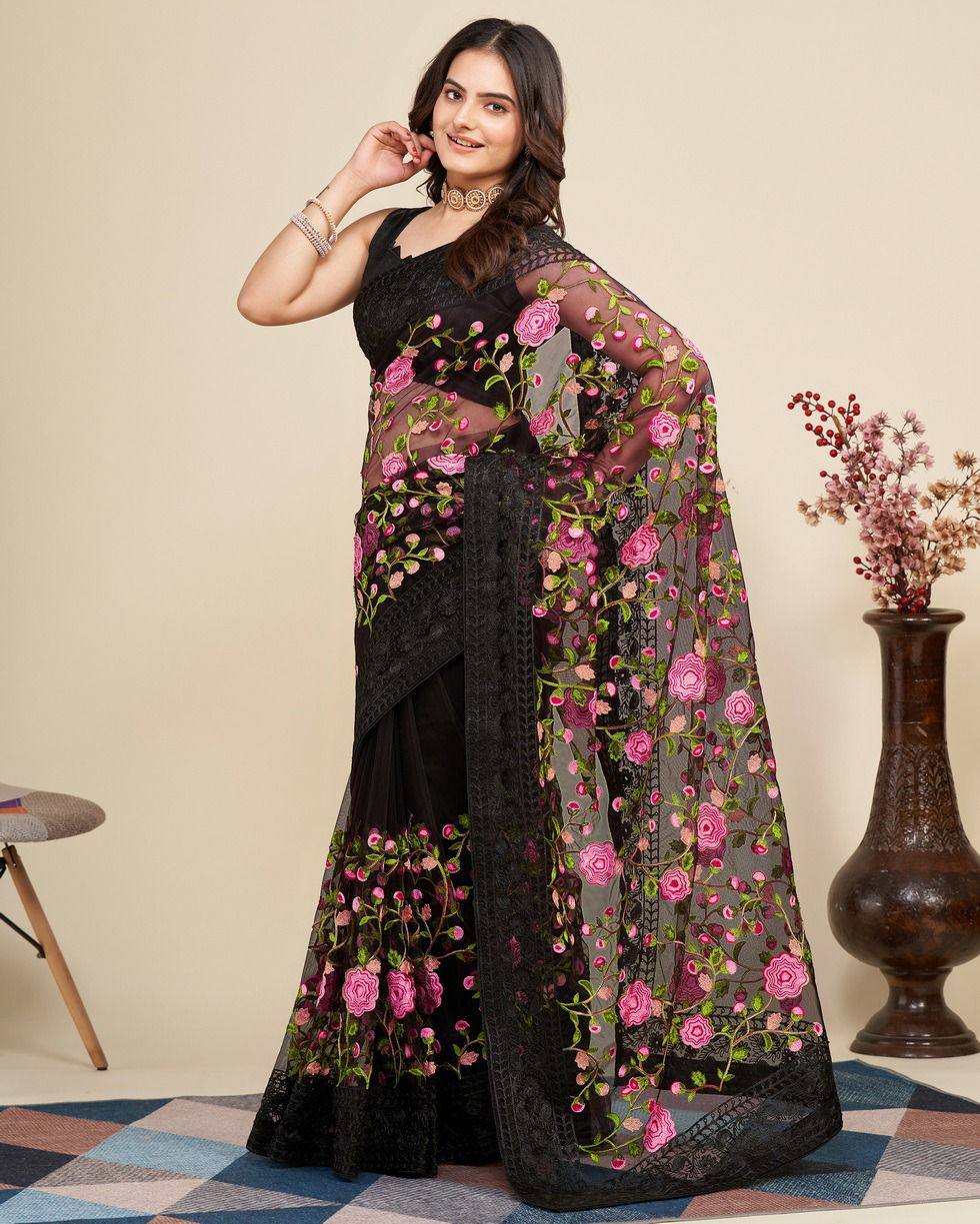 Chikankari Embroidery Soft Net Black Saree with Mono Banglory Blouse Colorful Saree