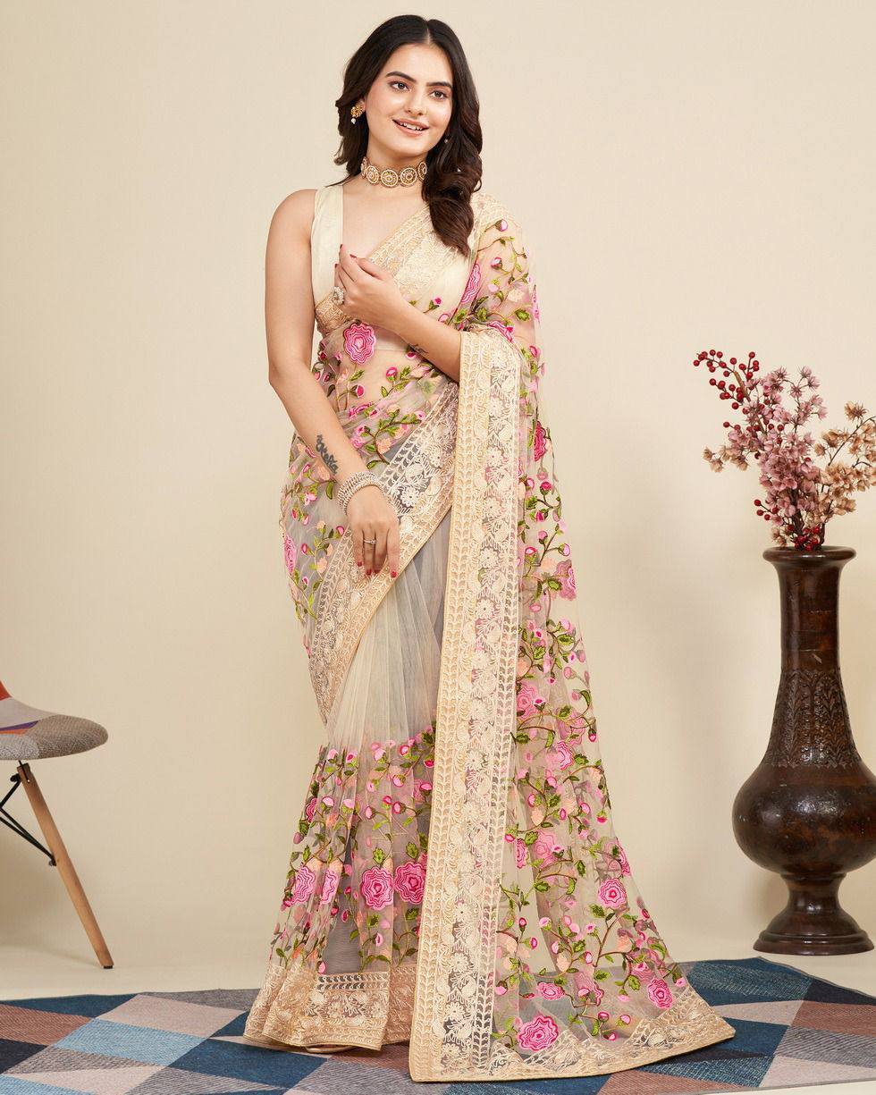 Chikankari Embroidery Soft Net Chikoo Color Saree with Mono Banglory Blouse Colorful Saree