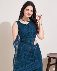 Chikankari Embroidery Soft Net Navy Blue Saree with Mono Banglory Blouse Piece and Piping Lace Colorful Saree