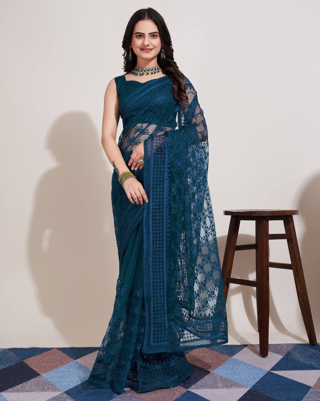 Chikankari Embroidery Soft Net Navy Blue Saree with Mono Banglory Blouse Piece and Piping Lace Colorful Saree