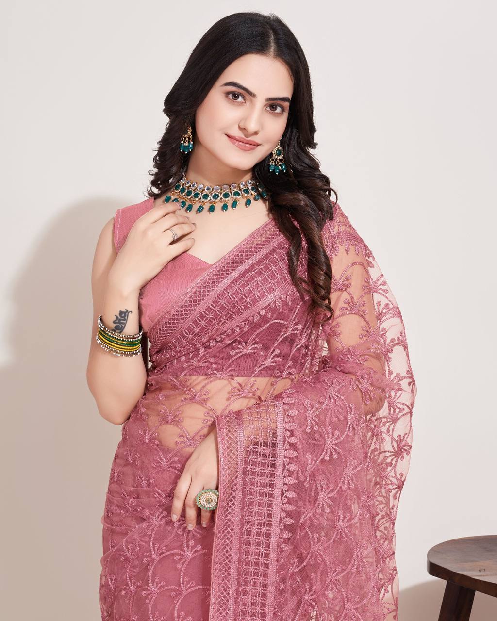 Chikankari Embroidery Soft Net Pink Saree with Mono Banglory Blouse Piece and Piping Lace Colorful Saree