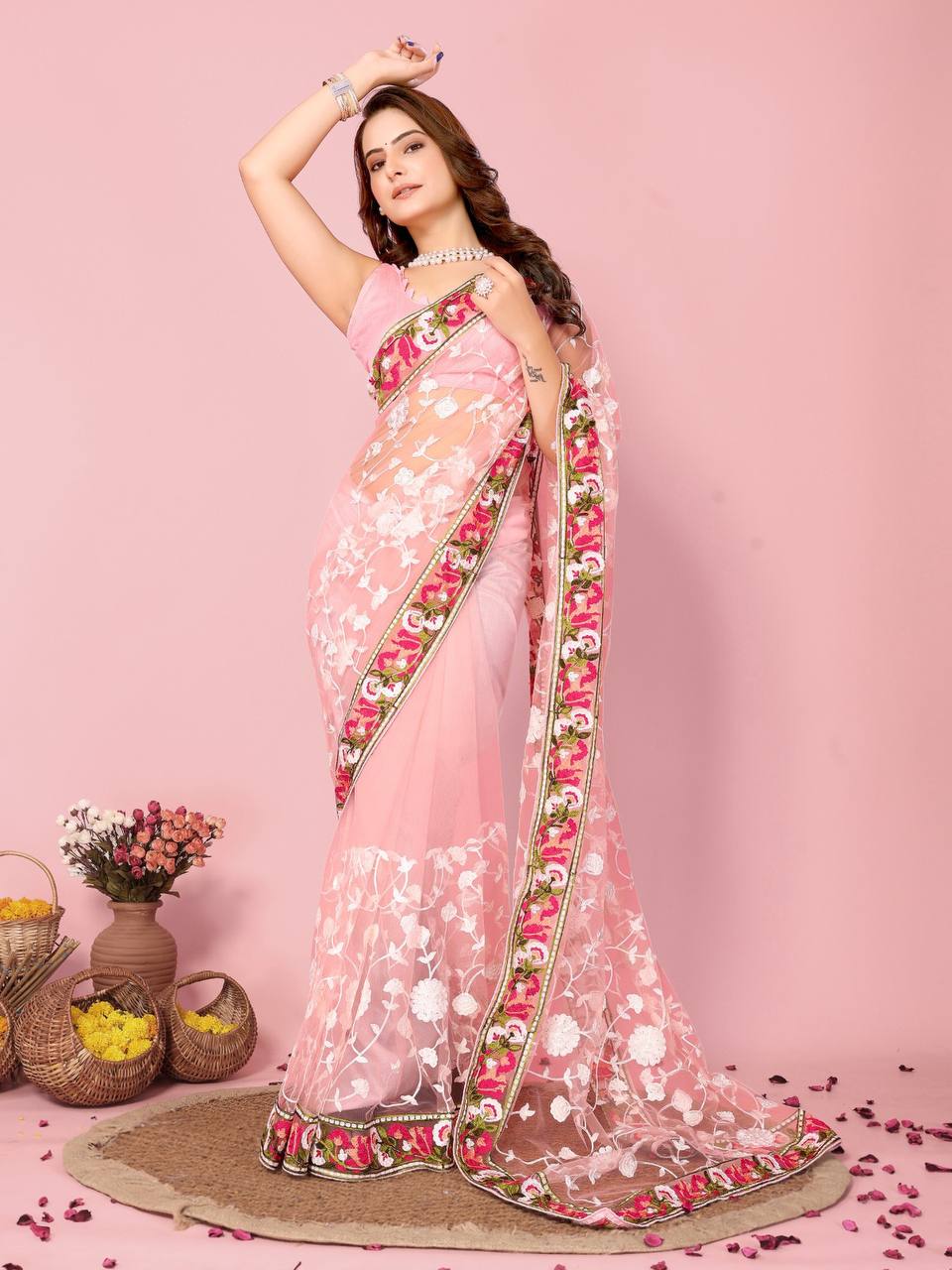 Chikankari Embroidery Soft Net Pink Saree with Mono Banglory Blouse Colorful Saree