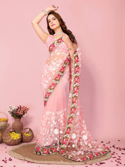 Chikankari Embroidery Soft Net Pink Saree with Mono Banglory Blouse Colorful Saree