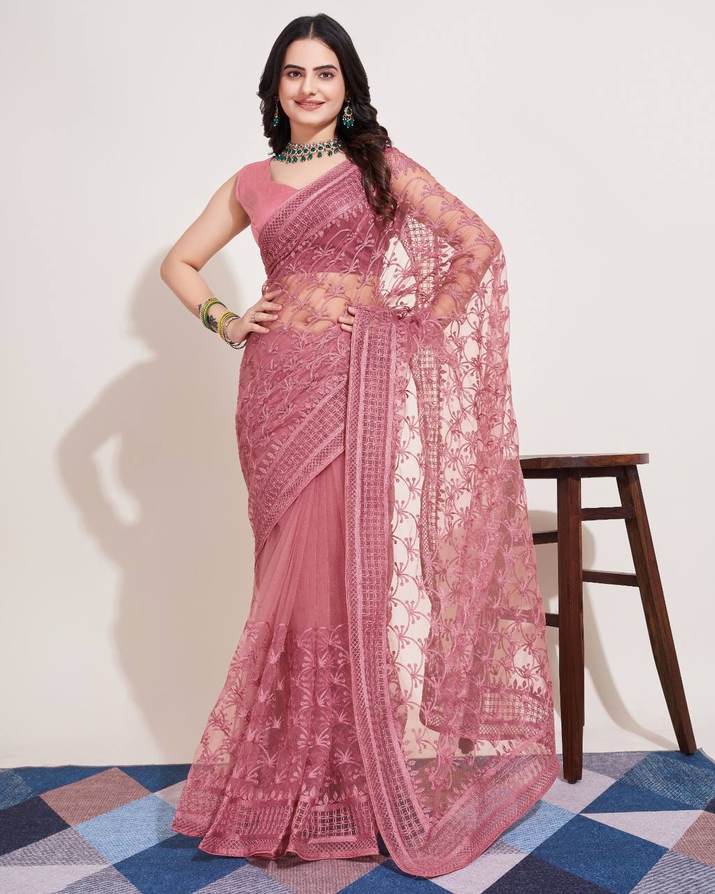 Chikankari Embroidery Soft Net Pink Saree with Mono Banglory Blouse Piece and Piping Lace Colorful Saree