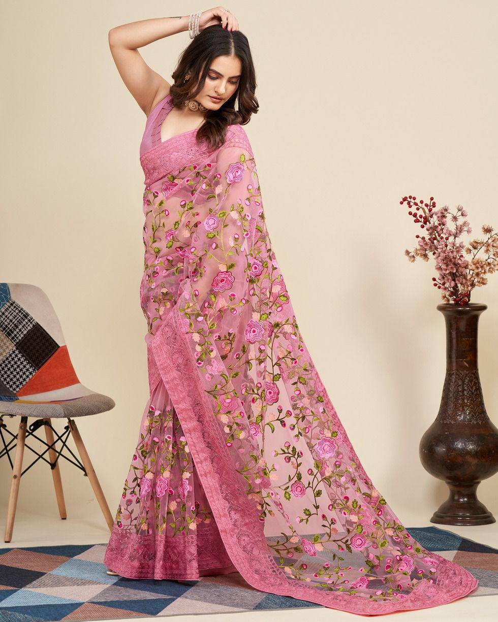 Chikankari Embroidery Soft Net Pink Saree with Mono Banglory Blouse Colorful Saree