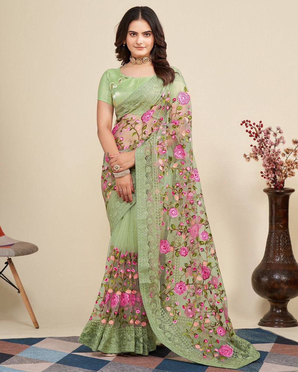 Chikankari Embroidery Soft Net Pista Green Saree with Mono Banglory Blouse Colorful Saree