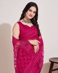 Chikankari Embroidery Soft Net Rani Pink Saree with Mono Banglory Blouse Piece and Piping Lace Colorful Saree