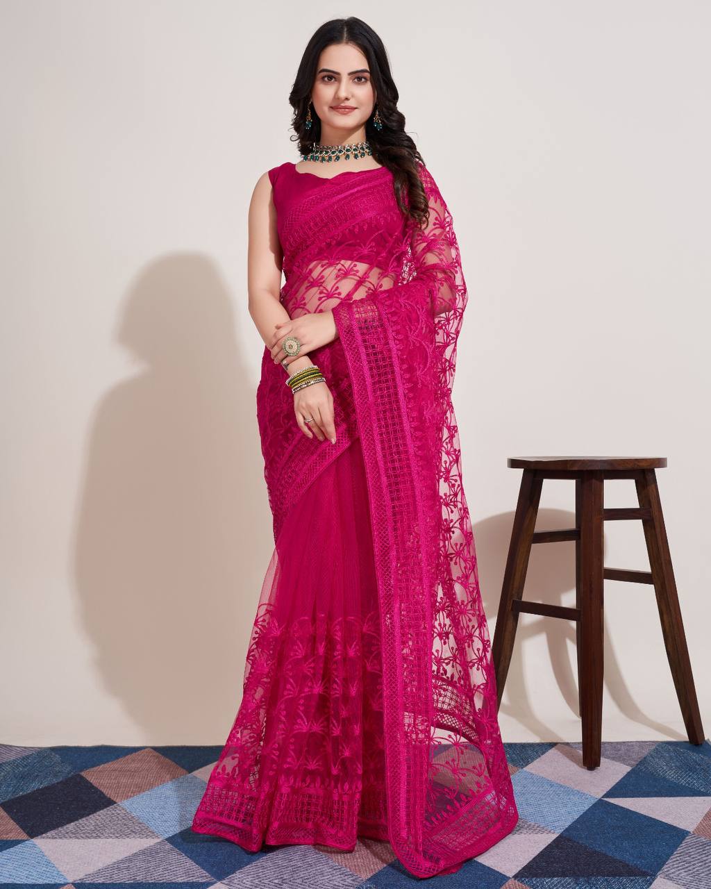 Chikankari Embroidery Soft Net Rani Pink Saree with Mono Banglory Blouse Piece and Piping Lace Colorful Saree