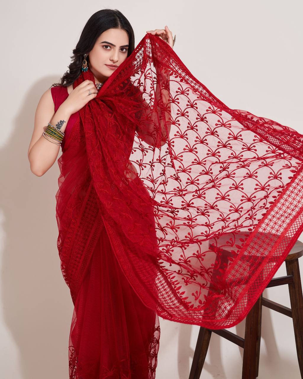 Chikankari Embroidery Soft Net Red Saree with Mono Banglory Blouse Piece and Piping Lace Colorful Saree