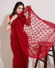 Chikankari Embroidery Soft Net Red Saree with Mono Banglory Blouse Piece and Piping Lace Colorful Saree